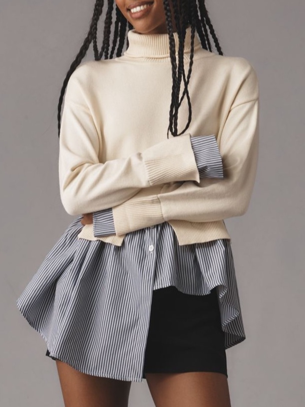Anthropology Layered Cream Turtleneck Sweater with Striped Shirt Detail